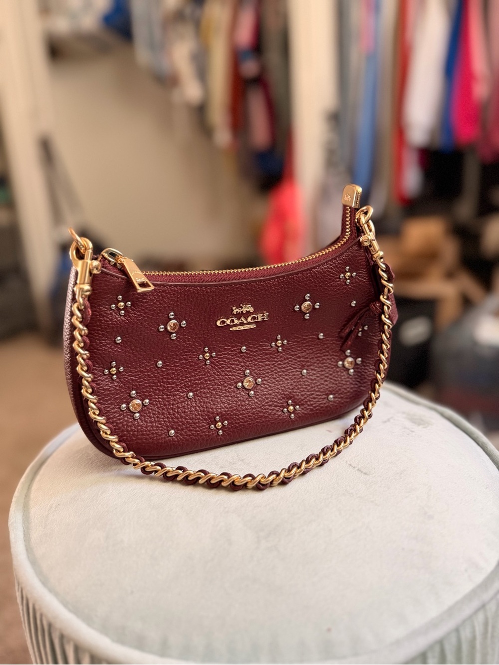 Coach Burgundy Pebble Leather Mini Hobo with Gold Chain and Studs